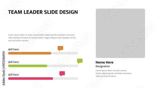 Presentation slide displaying team leader profile, designation, and individual skill bars
