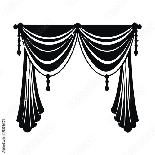 Elegant black curtain with decorative tassels hanging gracefully against a plain background isolated on white background, Vector, illustration