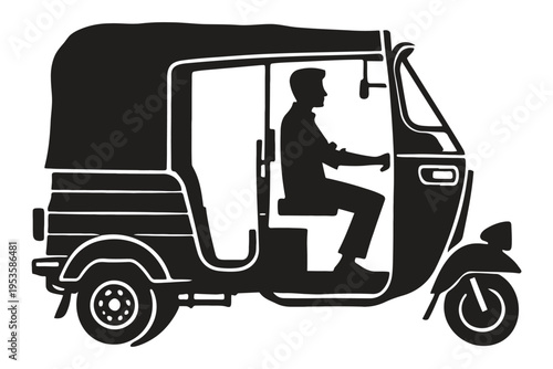 A person driving a three-wheeled auto rickshaw on a city street. isolated on white background, Vector, illustration