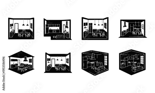 Set of Minimalist Black and White Line Art Interior Room Icons Vector Illustration