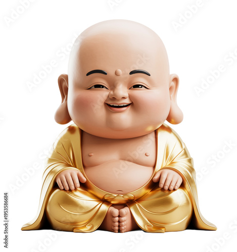 3D Laughing Buddha Sitting in Golden Robes with Calm Expression