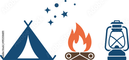 Nighttime camping scene with tent, glowing campfire, lantern, and starry sky, cozy outdoor adventure illustration vector