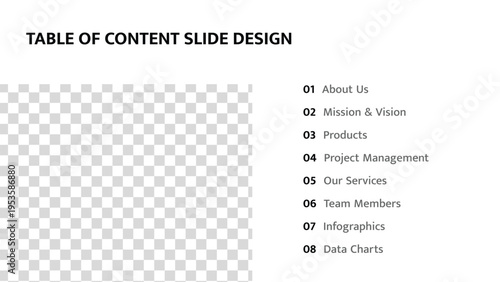 Table of content presentation slide with numbered list and image placeholder area