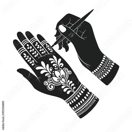 Intricate henna designs being applied to a hand with a traditional henna cone isolated on white background, Vector, illustration