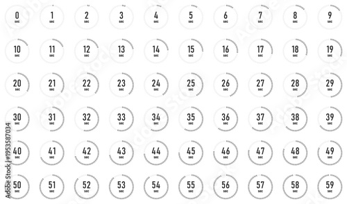 Set of Countdown Timers from 0 to 59 Seconds with Gray Progress Bar on White Background
