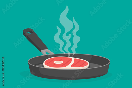 Steaming Frying Pan with Raw Steak on Teal Background. Preparing Meat for Dinner