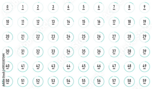 Set of Countdown Timers from 0 to 59 Minutes with Teal Progress Bar on White Background