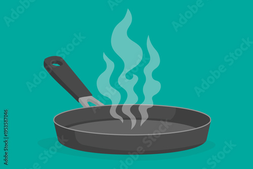Steaming Empty Frying Pan on Teal Background. Ready for Cooking or Just Used