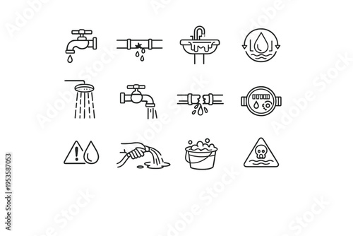 Water safety and plumbing line icon set, hygiene, clean water, leakage and warning outline vector collection