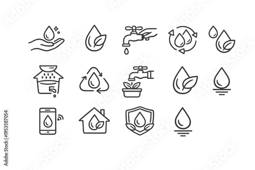 Eco sustainability and renewable resources line icon set, water conservation, recycling, energy and environment outline vector collection