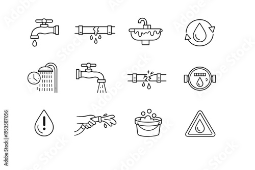 Water safety and plumbing line icon set, hygiene, clean water, leakage and warning outline vector collection