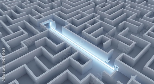 Illuminated Path Through Complex Geometric Maze Structure.