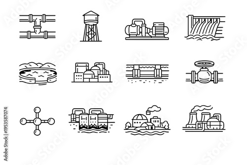 Industrial infrastructure and utilities line icon set, factory, pipes, energy and engineering outline vector collection