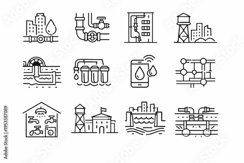 Urban infrastructure and city utilities line icon set, buildings, water supply, energy and industrial systems outline vector collection