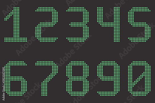 Digital Green LED Style Dot Matrix Numbers Set from 0 to 9 on Dark Background