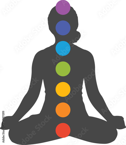 Person Meditating in Lotus Pose with Seven Chakras Silhouette for Yoga and Spirituality