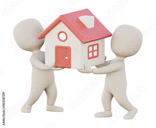 3D Stick Figure Couple Holding a House Design in Modern Style