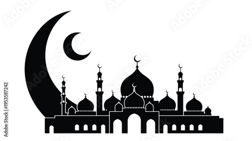 Elegant silhouette of a mosque under a crescent moon at dusk isolated on white background, Vector, illustration