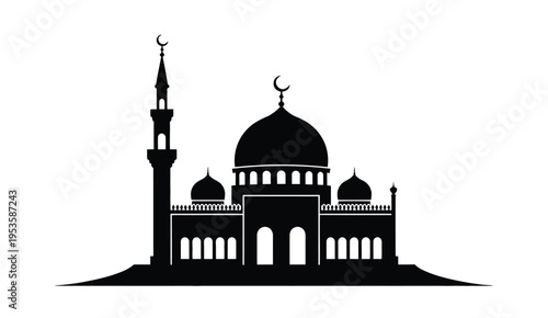 Silhouette of a grand mosque with domes and minarets against a plain background isolated on white background, Vector, illustration