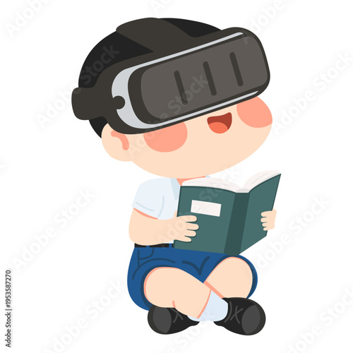 Boy Reading Book with VR Headset