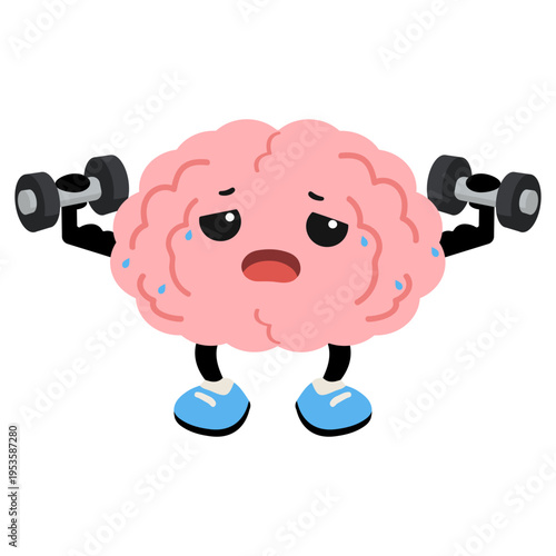 Cartoon Brain Exercising With Dumbbells