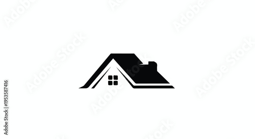 Simple black silhouette of a house with a chimney and windows on a white background.