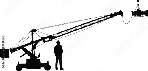 A construction worker standing next to a large crane on a job site. isolated on white background, Vector, illustration