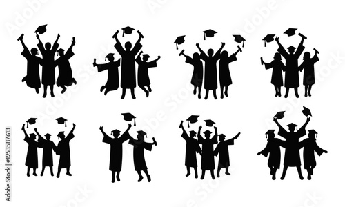 Collection of graduating student silhouettes celebrating with caps in air vector