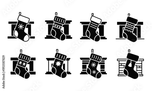 Set of Black Christmas Stocking Icons Hanging on Mantelpiece Vector Collection