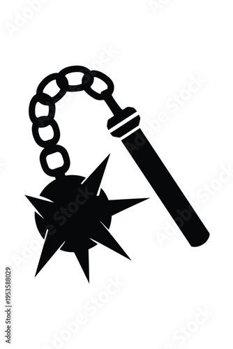 A black and white illustration of a spiked chain and mace weapon. isolated on white background, Vector, illustration