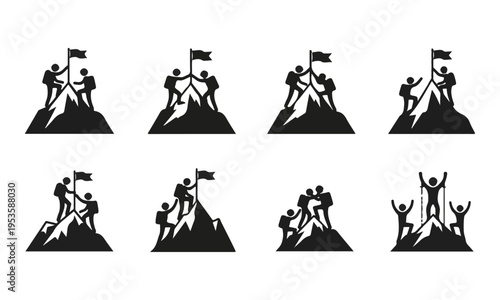 Collection of Black Mountain Climbing and Summit Success Vector Silhouettes Isolated