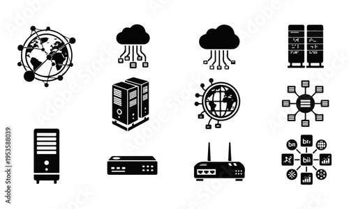 Set of Black Vector Icons for Networking, Cloud Computing, and Data Server Technology. Collection of Modern Connectivity Symbols.