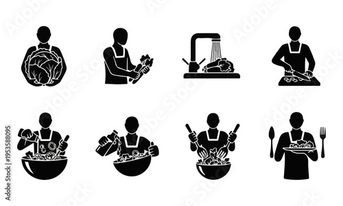 Set of 8 Black Cooking Process Vector Icons. Food Preparation Steps