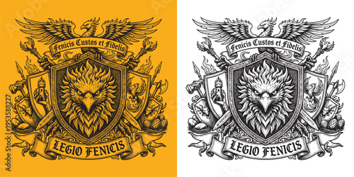 Phoenix Bird Crest Emblem with Legio Fenicis Motto and Fire