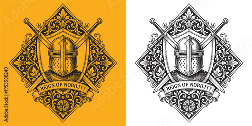 Knight Helmet Reign of Nobility Emblem with Crossed Swords