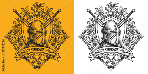 Medieval Knight Helmet with Honor Courage Valor Banner