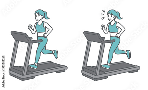 トレッドミルで走る女性の比較イラスト（適度な運動とオーバートレーニング）