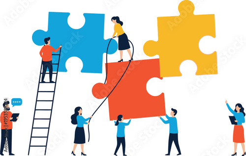 Team assembling puzzle pieces for collaboration concept
