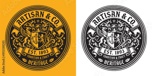 Artisan and Co Heritage Logo with Griffin and Anchor Shield