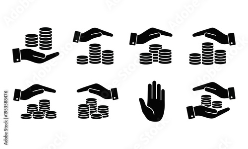 Set of Black Vector Icons: Hands Holding, Saving, and Protecting Coin Stacks. Money, Finance, and Investment Symbols.