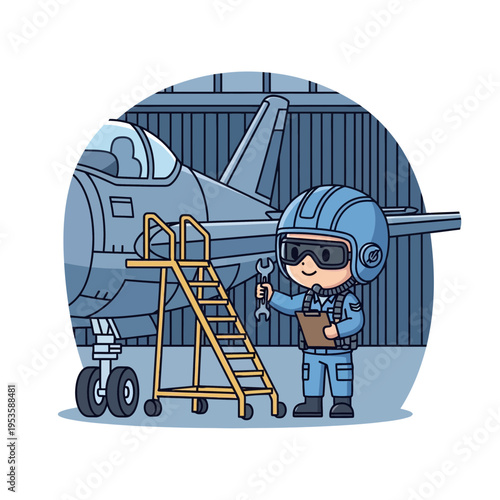 Cute chibi air force pilot with wrench working on a jet plane in hangar