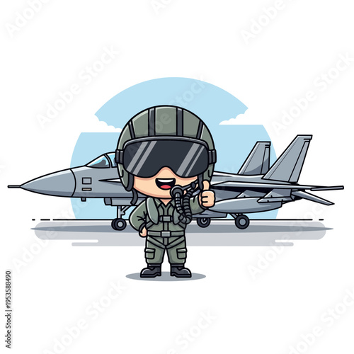 Adorable chibi air force pilot giving a thumbs up with a fighter jet behind on the tarmac