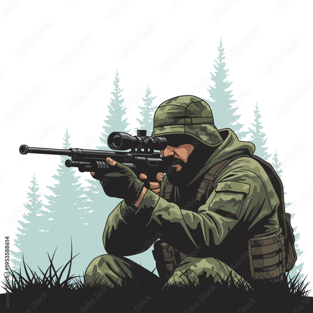 Fototapeta premium Camouflaged Soldier Aiming a Sniper Rifle in a Forest Environment, Ready for Tactical Engagement
