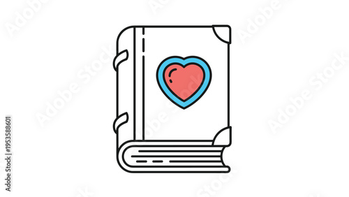 Simple icon of a closed book with a blue and red heart on the cover symbolizing a diary or love story.