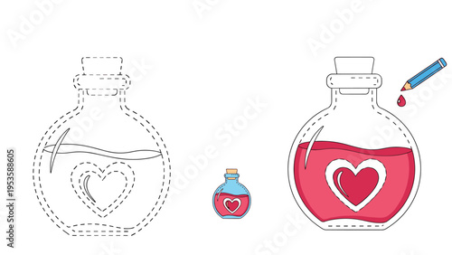 Magic potion bottle with a heart symbol inside for a tracing and coloring activity designed for creative kids.
