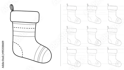 Handwriting and tracing worksheet for children featuring a Christmas stocking with dotted lines for educational practice.