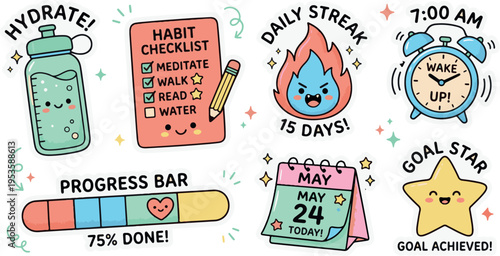 Habit Tracker and Goal Achievement Kawaii Sticker Set

