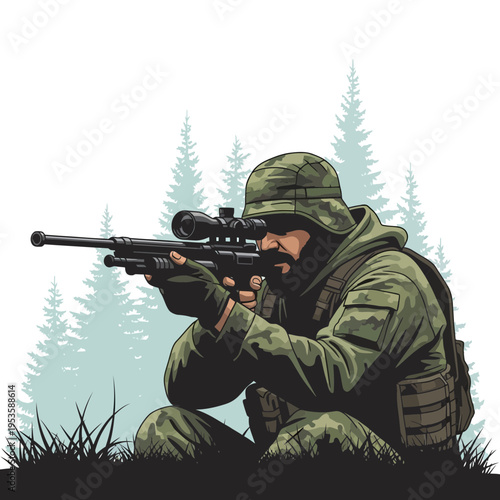 Camouflaged Soldier Aiming a Sniper Rifle in a Forest Environment, Ready for Tactical Engagement
