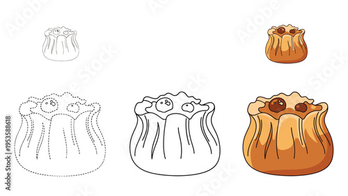 Drawing tutorial showing the stages of creating a traditional dumpling or shumai icon with coloring and outline versions.