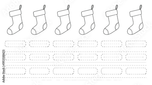 Writing practice page for students featuring a line of Christmas stockings and dotted boxes for letter formation.
